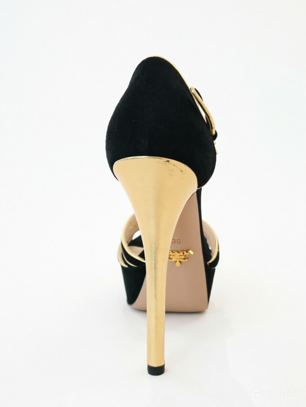 Prada Black/Gold Suede And Leather Open Toe Ankle Strap Platform Sandals - Picture 7 of 11